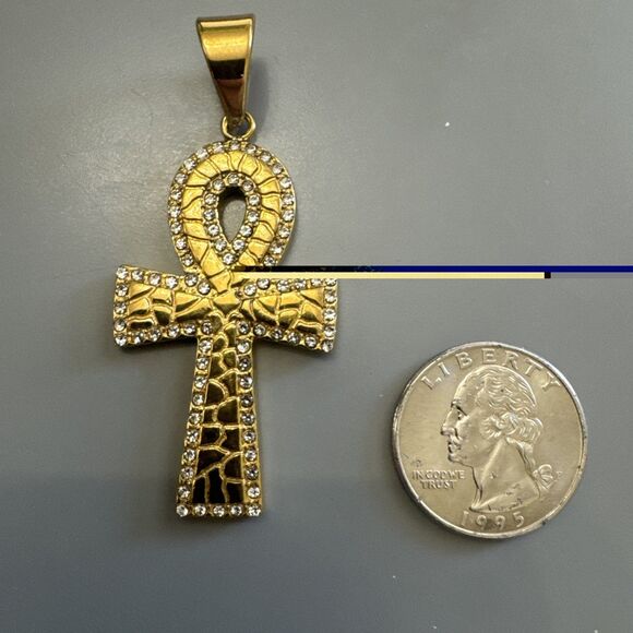 Gold Plated Cubic Zirconia Stainless Steel Egyptian Ankh Cross Pendant Necklace - Picture 3 of 6